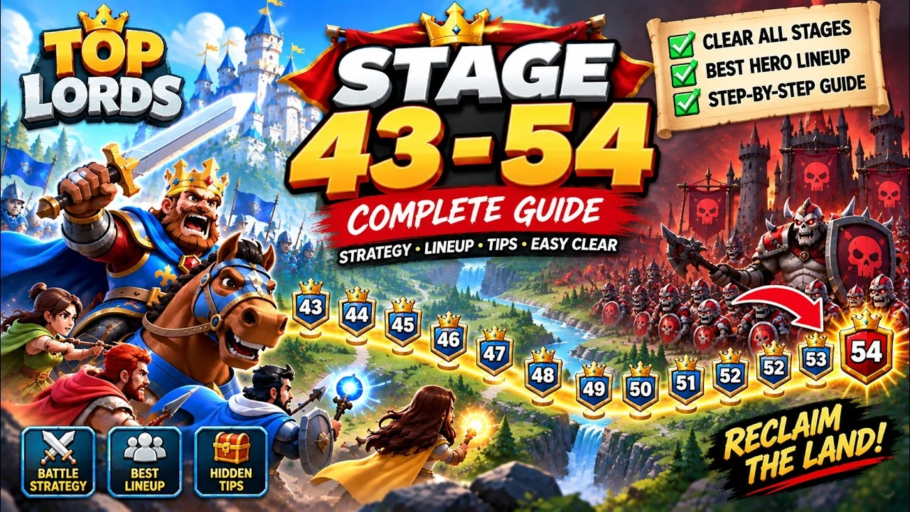 YouTube cover: Top Lords Stage 43 to 54 Progress... How to clear stage 43 to 54 in Top Lords