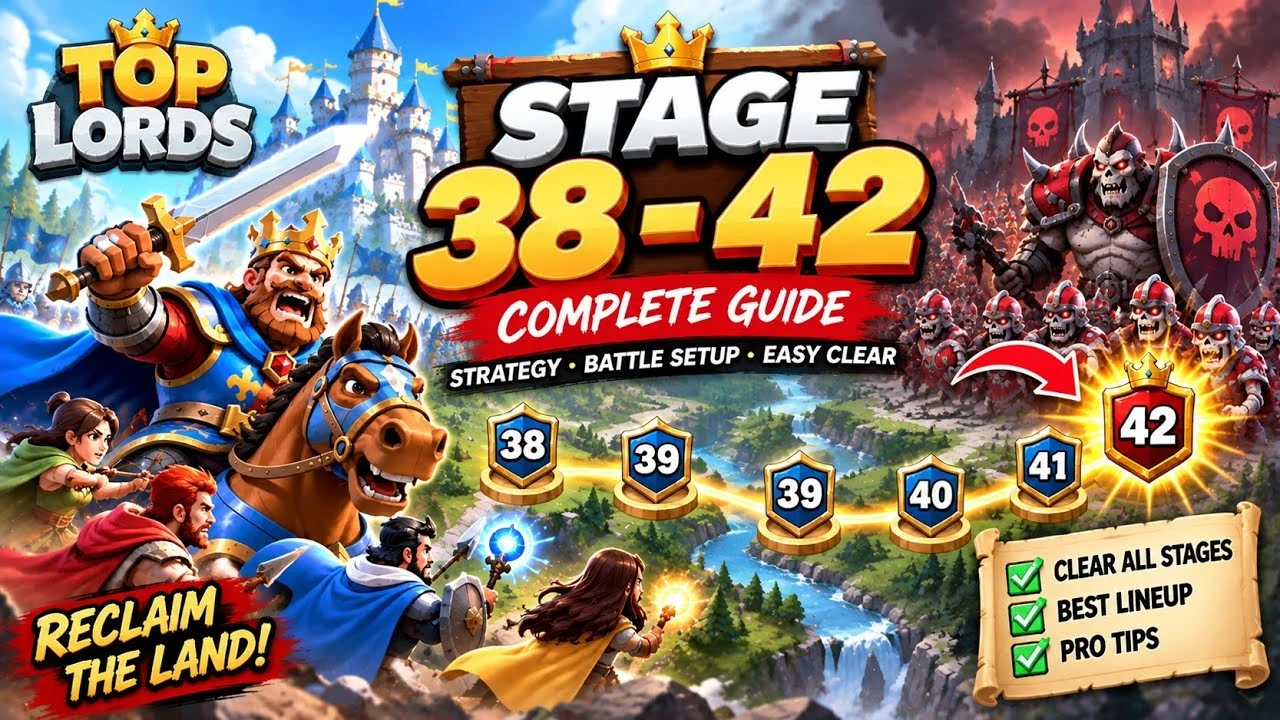 YouTube cover: Top Lords Stage 38 to 42 Progress... How to clear stage 38 to 42 in Top Lords 